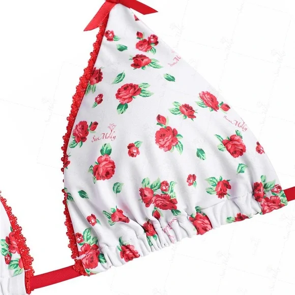White Floral Bikini Set with Red Trim - Women's Swim NWT - Picture 3 of 6